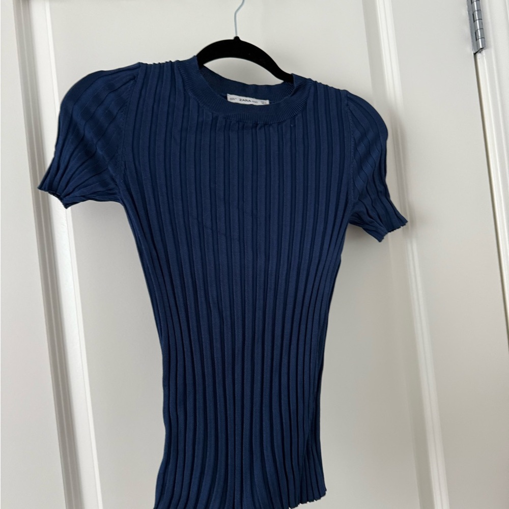 Zara Dark Blue Ribbed Short Sleeve Top